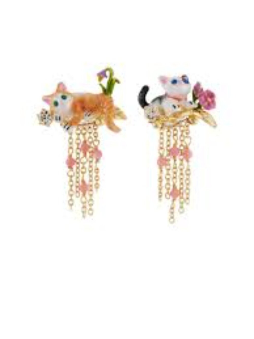 Les Nereides Cat On Flowered Branch And Chains Asymmetreical Stud Earrings